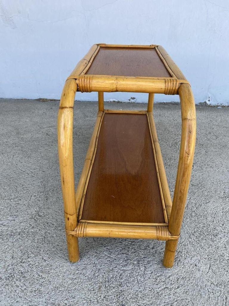 Restored Mid-century Two-Tier Rattan & Mahogany Arched Side Table - 10