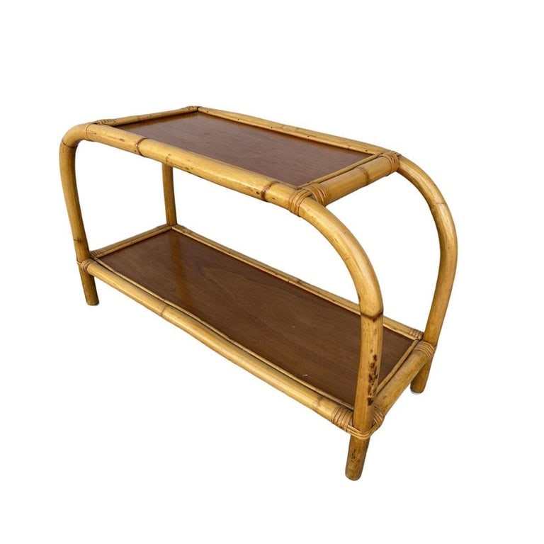 Restored Mid-century Two-Tier Rattan & Mahogany Arched Side Table - 2