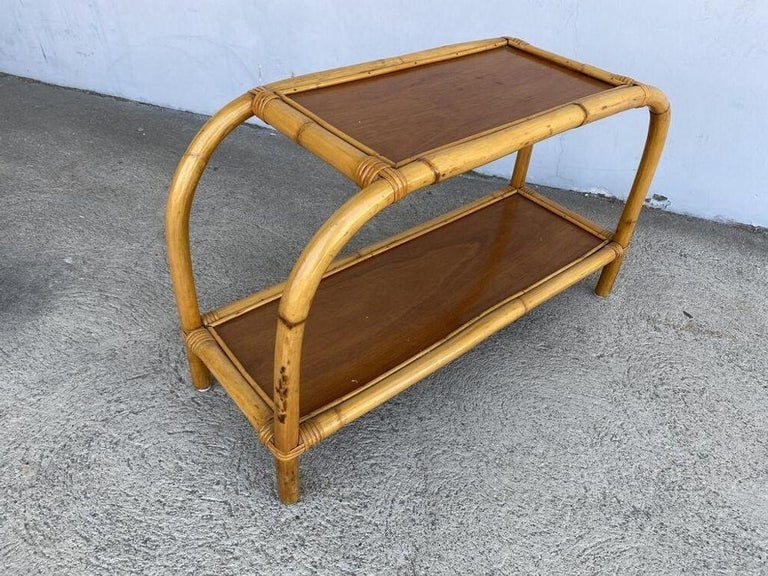Restored Mid-century Two-Tier Rattan & Mahogany Arched Side Table - 4