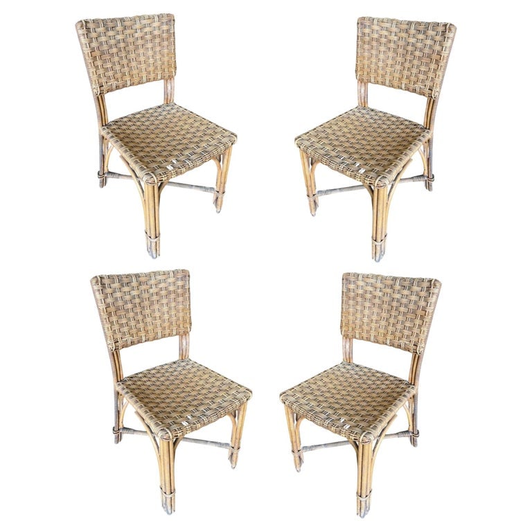 Restored Midcentury Era Rattan Dining Side Chairs with Wicker Woven Seats (1 of 4)