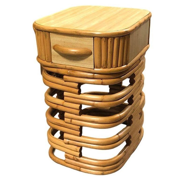 Restored Modernist Stacked Rattan Nightstand Side Table w/ Formica Top, Pair - 5