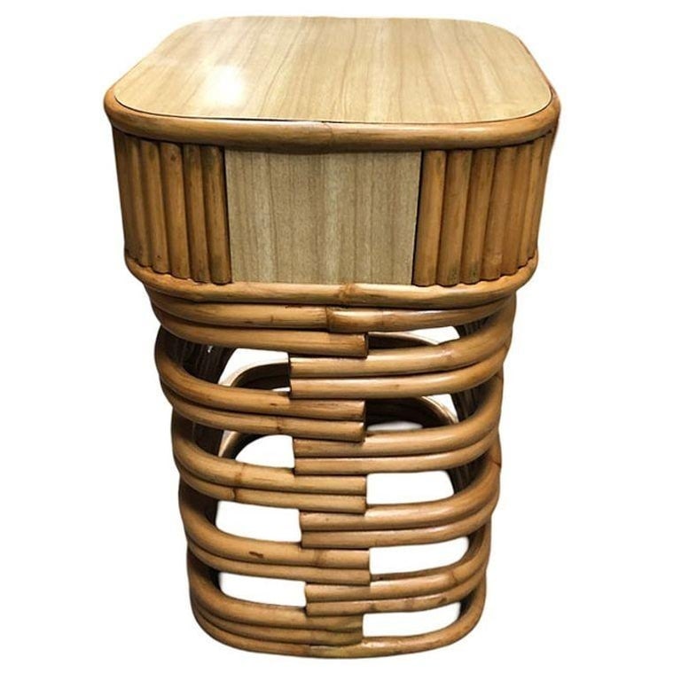 Restored Modernist Stacked Rattan Nightstand Side Table w/ Formica Top, Pair - 6