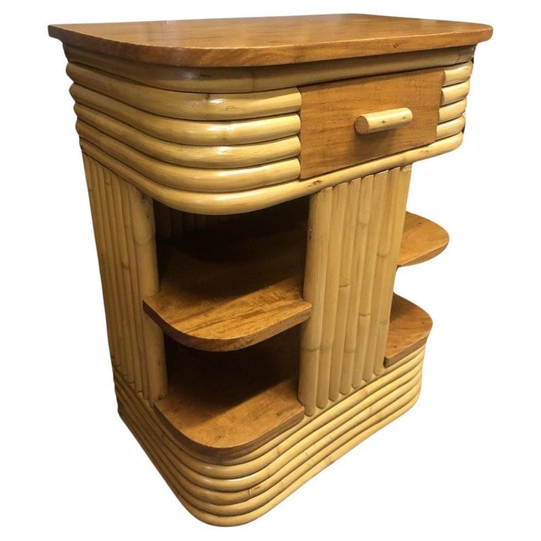 Restored Frankl Inspired Stacked Rattan Streamline Side Table w/ Floating Shelf: This beautifully restored rattan three-tier rattan end table was inspired by the works of Paul Frankl blending style with vintage charm and modern comfort. It features open sides, rich mahogany wood t