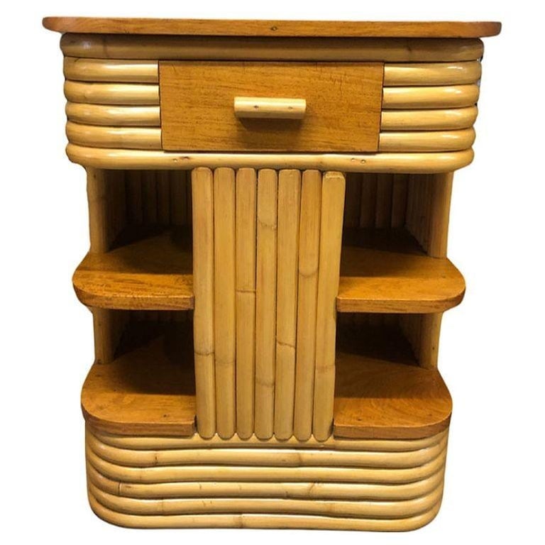 Restored Frankl Inspired Stacked Rattan Streamline Side Table w/ Floating Shelf - 2