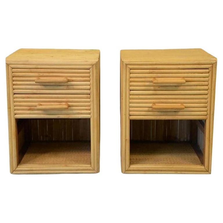 Restored Horizontal Stacked Stick Rattan Side Bedside Table w/ Cubby Space, Pair: This beautifully restored Paul Frankl-inspired Art Deco rattan side table pair blends style with vintage charm, and modern comfort. Each features 2 top pull-out drawers stacked on a bottom cubby space