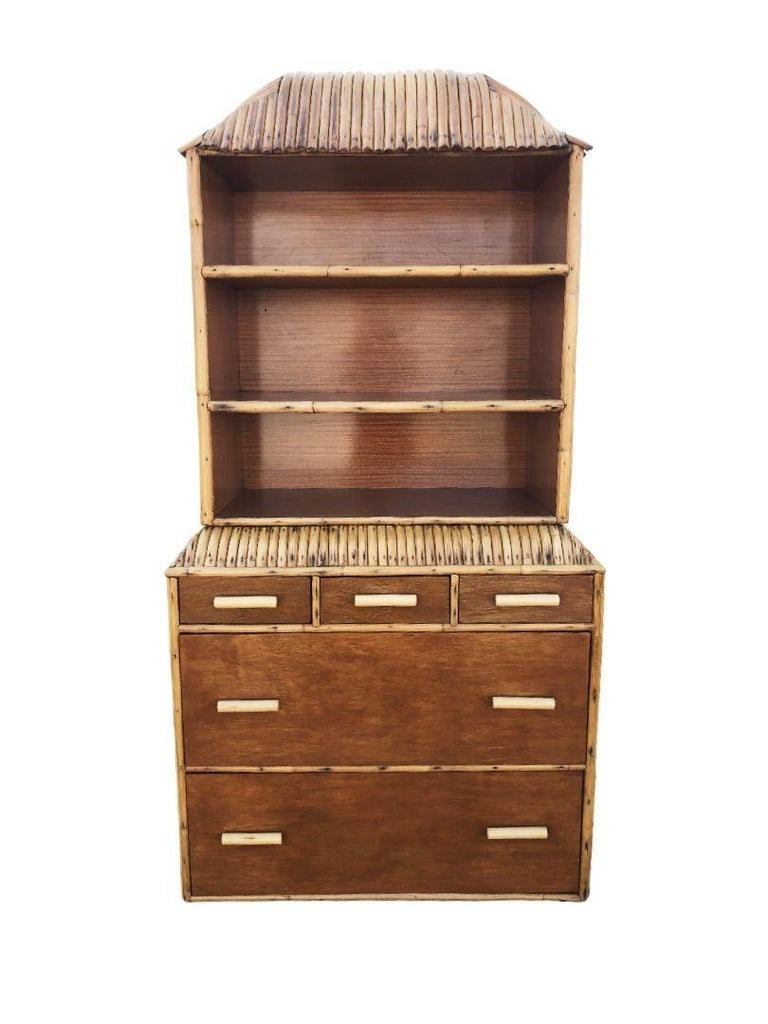 Restored Rare Art Deco Waterfall Rattan & Mahogany Dresser/Bookcase Hutch - 2