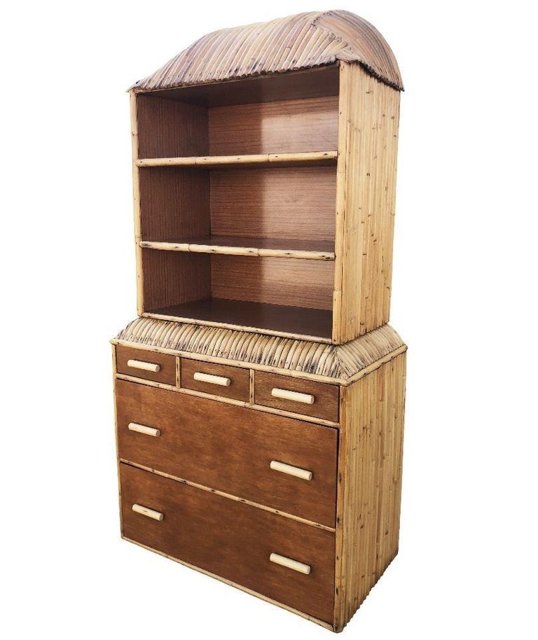 Restored Rare Art Deco Waterfall Rattan & Mahogany Dresser/Bookcase Hutch - 3