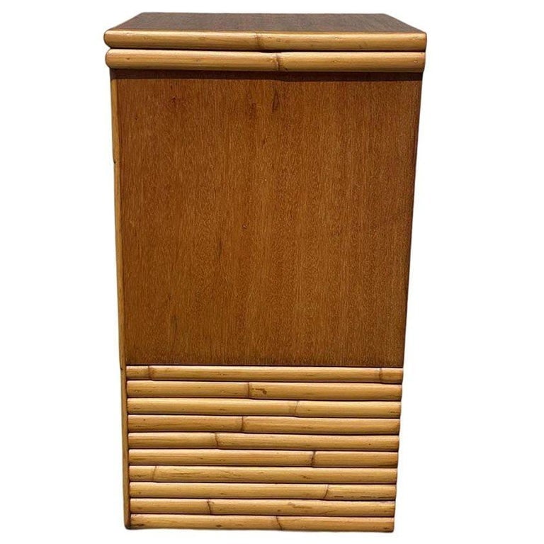 Restored Mid-century Single Drawer Stacked Rattan & Koa Wood Bedside Table - 4