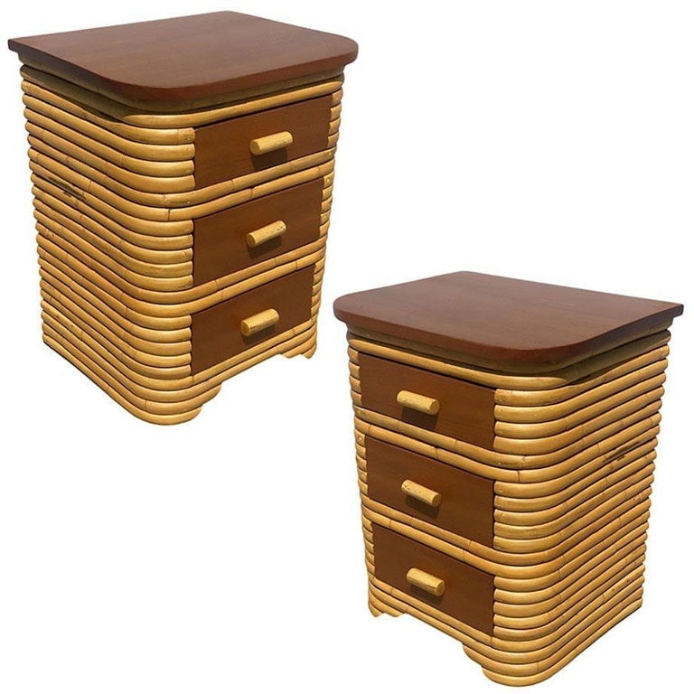 Restored Streamline Art Deco Stacked Rattan Bedside Table W/ Mahogany Top, Pair - 2