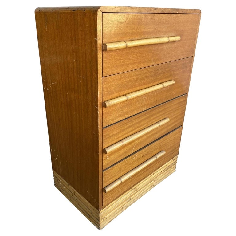 Restored Mid-century Waterfall Highboy Mahogany Dresser W/ Stacked Rattan Base (1 of 8)