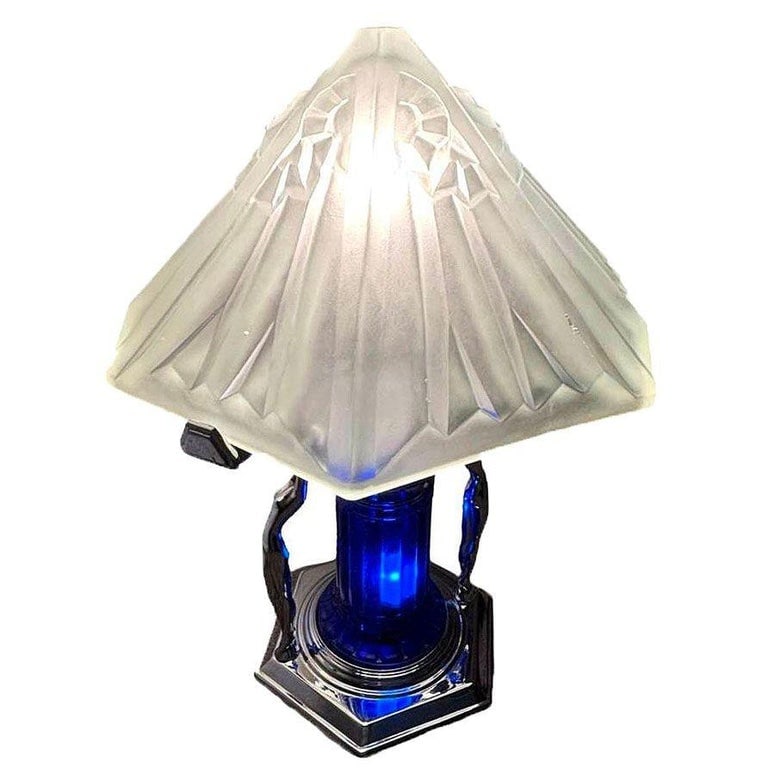 Frankart Era Art Deco Style Chrome & Cobalt Figural Lamp w/ Vivian Glass Shade - 10