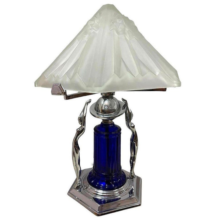 Frankart Era Art Deco Style Chrome & Cobalt Figural Lamp w/ Vivian Glass Shade - 3