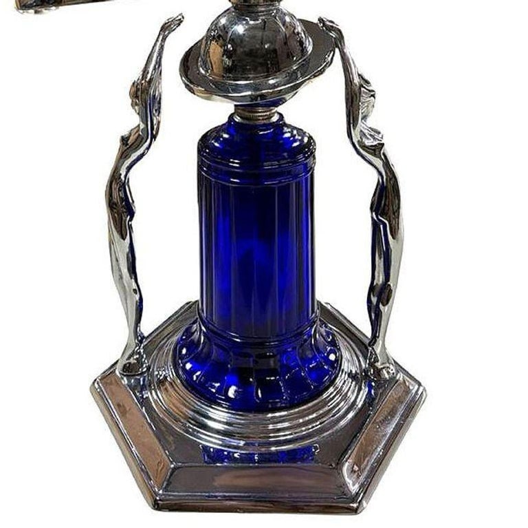Frankart Era Art Deco Style Chrome & Cobalt Figural Lamp w/ Vivian Glass Shade - 6