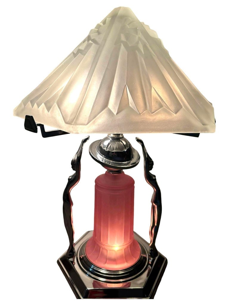 Frankart Era Art Deco Style Chrome Figural Lamp w/ Vivian Glass Shade - 7