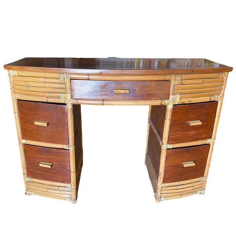 Rare Restored Bespoke Modernist Stacked Rattan & Mahogany Secretary Desk - 2