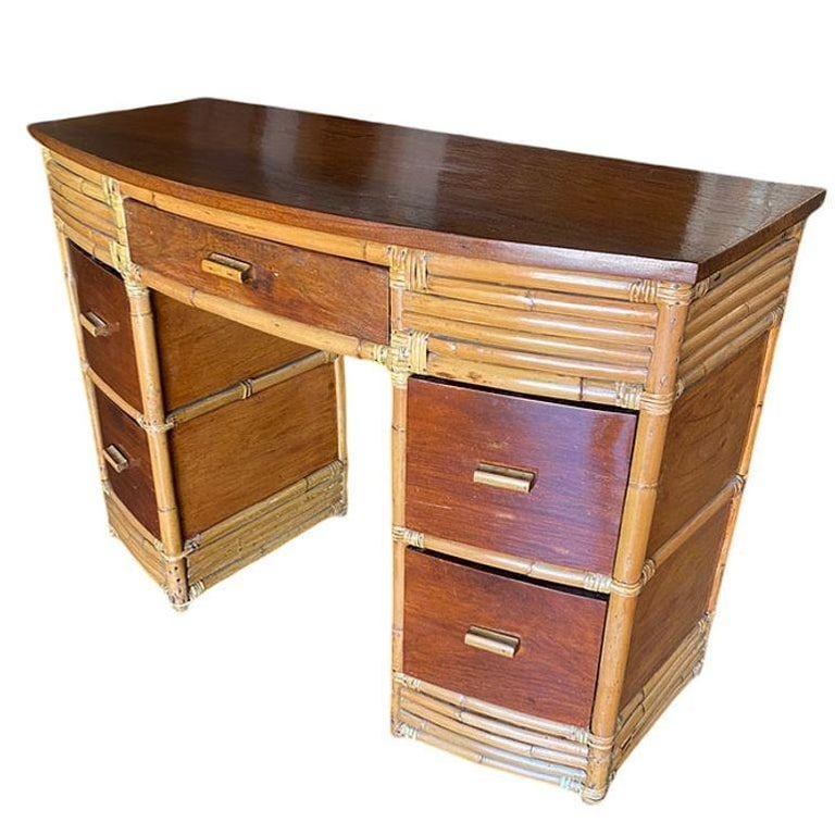 Rare Restored Bespoke Modernist Stacked Rattan & Mahogany Secretary Desk - 3