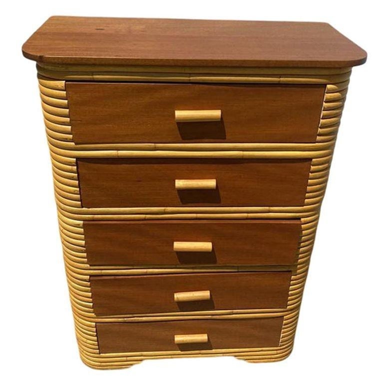 Restored Art Deco Stacked Rattan Highboy Dresser w/ Mahogany - 2