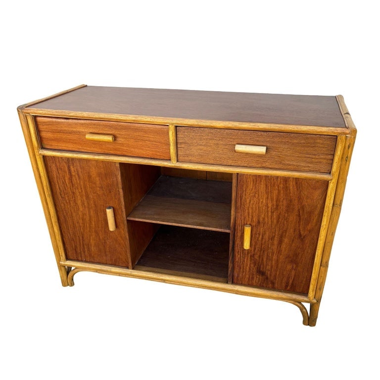 Restored Early Mid-century Stacked Rattan Credenza TV Stand w/ Mahogany Top - 3