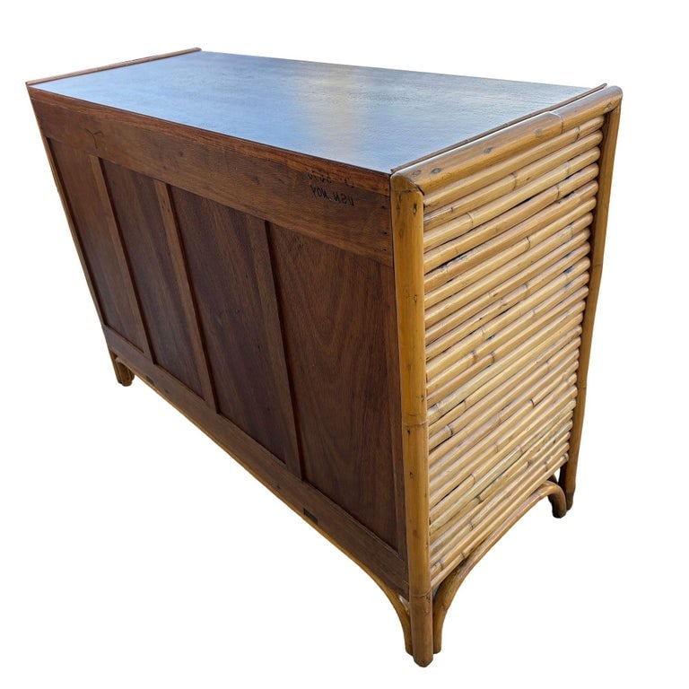 Restored Early Mid-century Stacked Rattan Credenza TV Stand w/ Mahogany Top - 6
