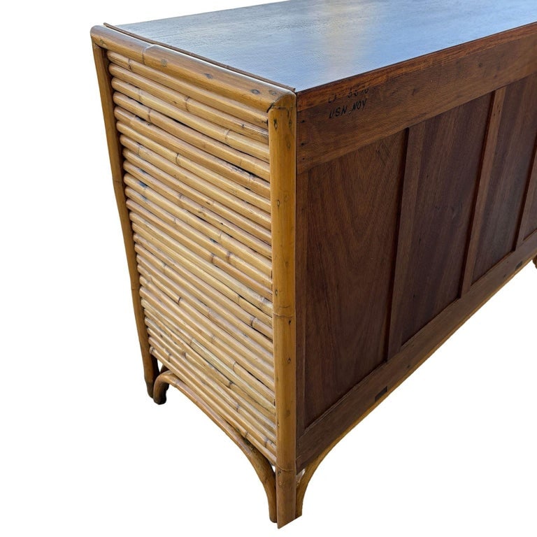 Restored Early Mid-century Stacked Rattan Credenza TV Stand w/ Mahogany Top - 8