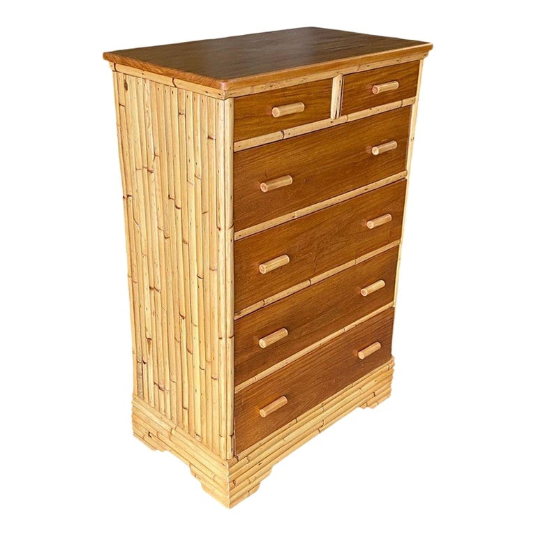 Restored Mid-century Stacked Rattan & Mahogany Highboy Dresser by Kane Kraft: This beautifully restored Paul Frankl-inspired Mid-century era stacked rattan Highboy dresser by Kane Kraft with a mahogany top and six pull-out mahogany drawers. The dresser is a perfect blend of fun