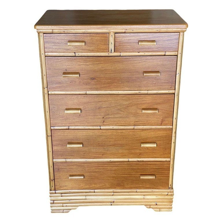 Restored Mid-century Stacked Rattan & Mahogany Highboy Dresser by Kane Kraft - 2