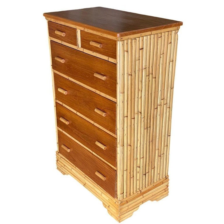 Restored Mid-century Stacked Rattan & Mahogany Highboy Dresser by Kane Kraft - 3