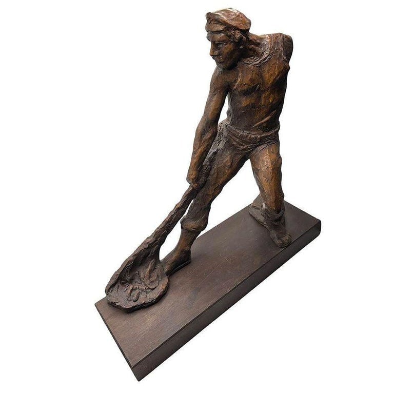 Rare Modern Fisherman w/ Net Large Plaster Sculpture on Wood Base By Kimro 1969 - 2