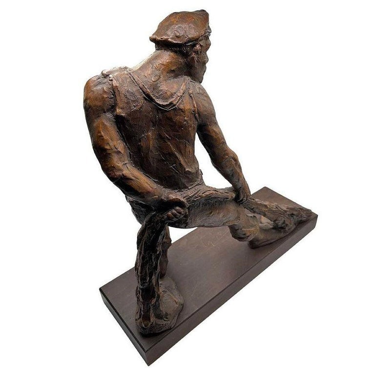 Rare Modern Fisherman w/ Net Large Plaster Sculpture on Wood Base By Kimro 1969 - 3