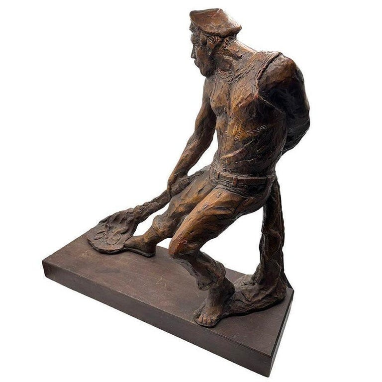 Rare Modern Fisherman w/ Net Large Plaster Sculpture on Wood Base By Kimro 1969 - 4
