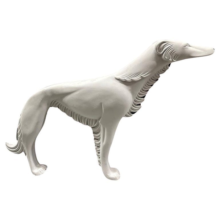 Life-Size Art Deco Styled Fiberglass Borzoi Russian Hunting Hound Dog Statue: This elegant life-size fiberglass Borzoi dog statue captures the refined and poised grace of the Russian hunting hound. Standing at nearly 40 inches tall, this striking sculpture exudes an air of