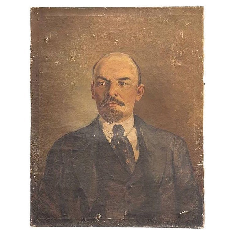Soivet Era Vladimir Lenin Oil on Canvas Portrait, Russia (1 of 5)