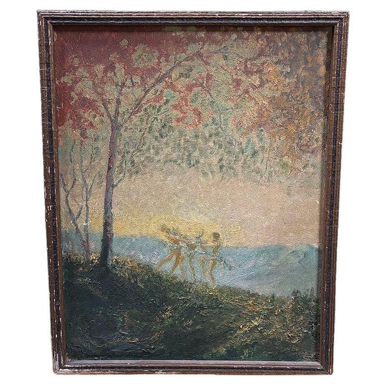 Original Fall Celebration Impression Painting Oil On Baord, Framed: Impression oil painting on board captures the joyous rhythm of girls dancing in a vibrant fall celebration, surrounded by warm autumnal hues. The artist's expressive brushstrokes bring movement and