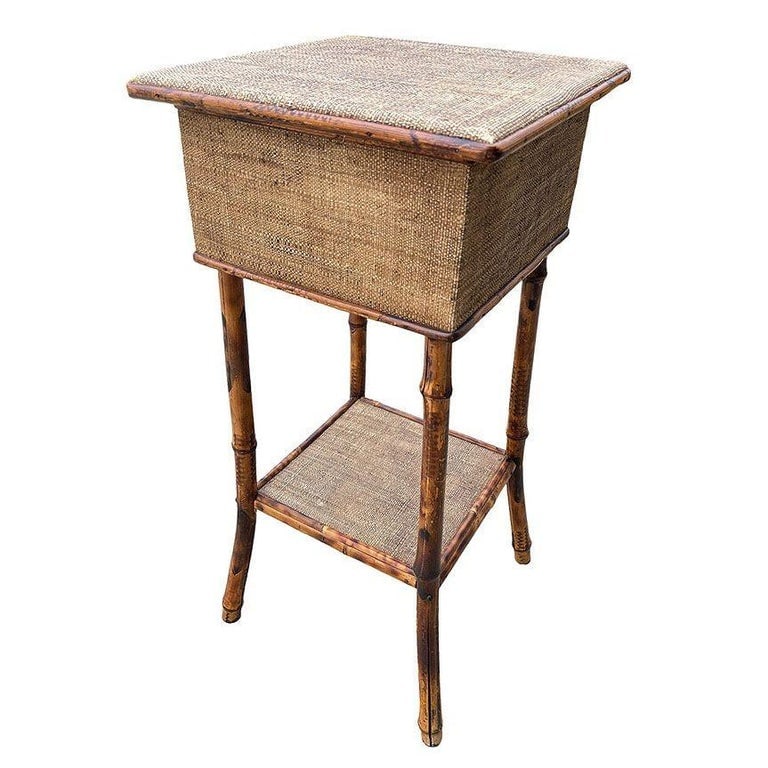 Aesthetic Movement Tiger Tortoise Bamboo & Grassmat Pedestal Table Storage Box - 3