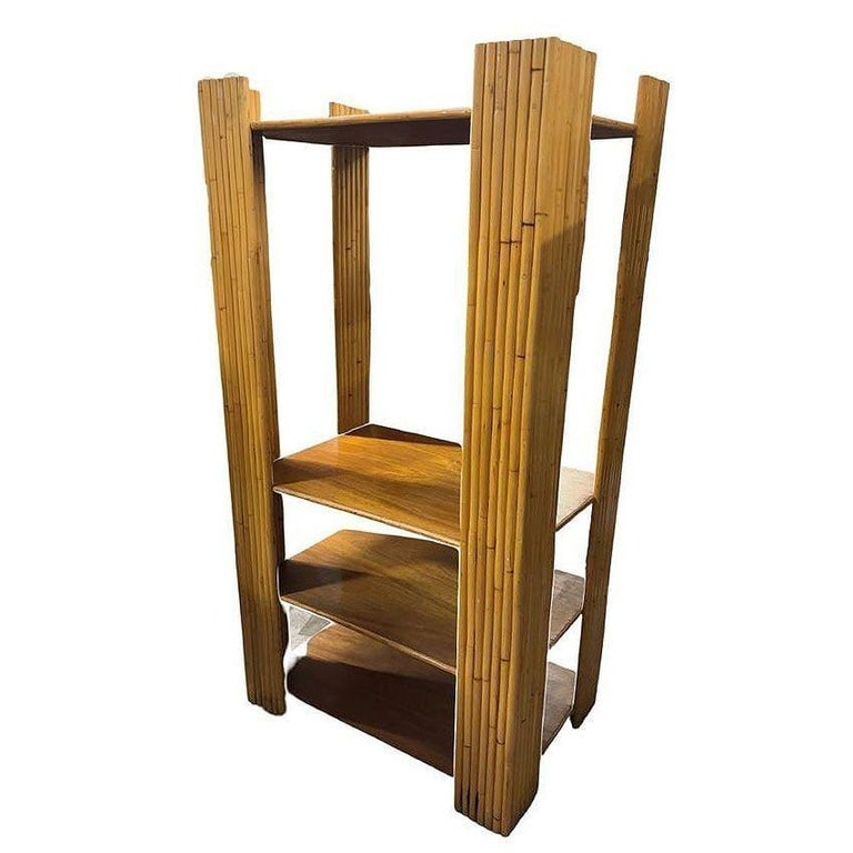 Restored Vertically Stacked Rattan 4-tier Rattan & Mahogany Etager Display Shelf - 3