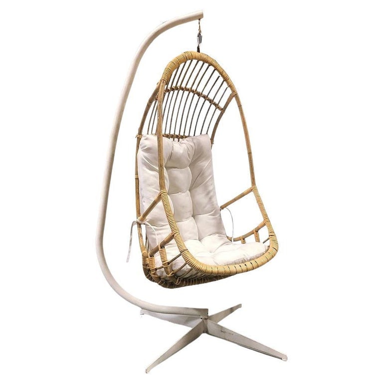 Restored Mid-century Rattan & Wicker Hanging Cocoon Egg Chair w/ Stand: This beautifully restored rattan hanging cocoon egg chair is made from a solid pole rattan frame, with a reed stick rattan seat finished with heavy fancy wicker wrapping throughout and a decorative wi