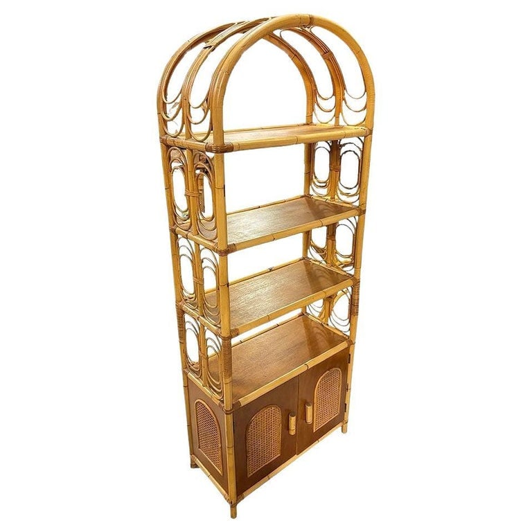 Mid-century Rattan Etagere Display Curio Cabinet w/ Mahogany Shelfs (1 of 8)