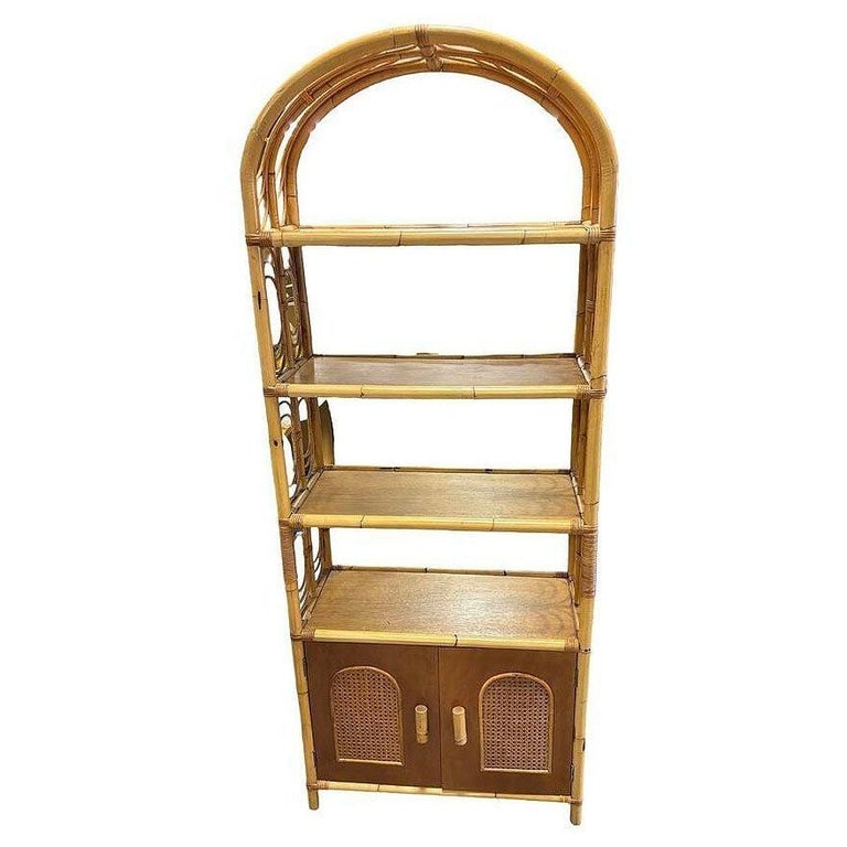 Mid-century Rattan Etagere Display Curio Cabinet w/ Mahogany Shelfs - 2