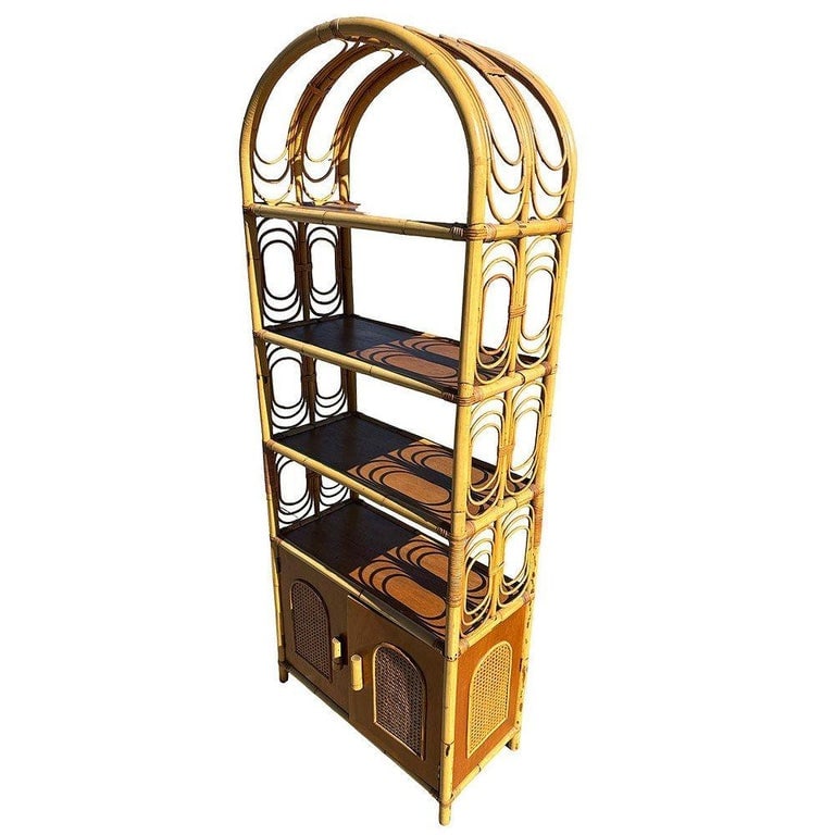 Mid-century Rattan Etagere Display Curio Cabinet w/ Mahogany Shelfs - 3
