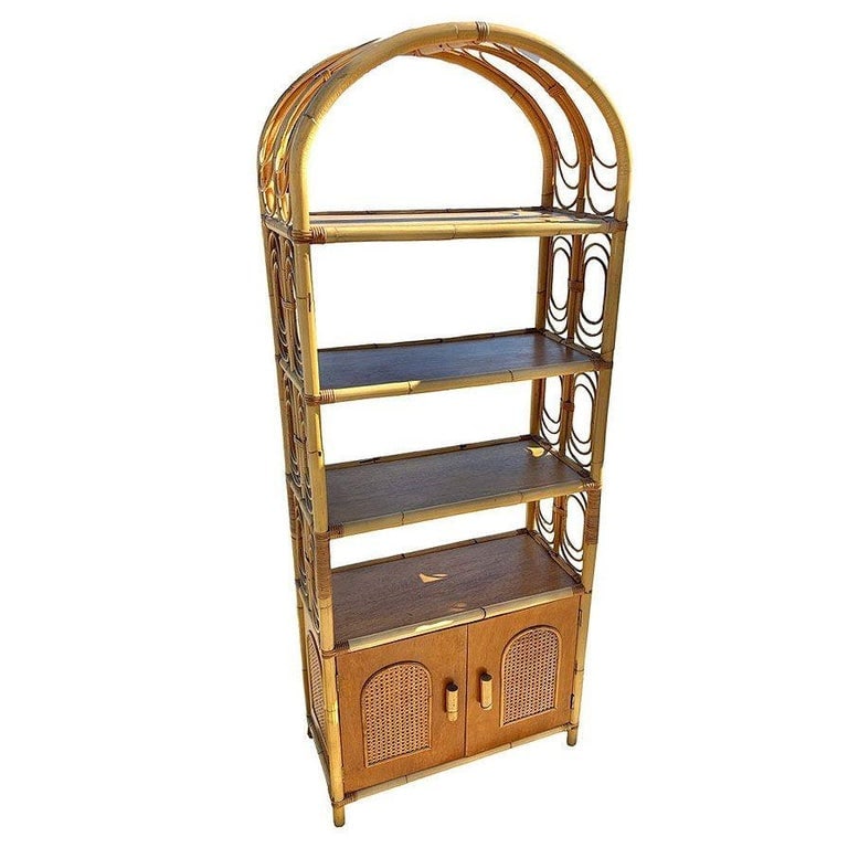 Mid-century Rattan Etagere Display Curio Cabinet w/ Mahogany Shelfs - 4