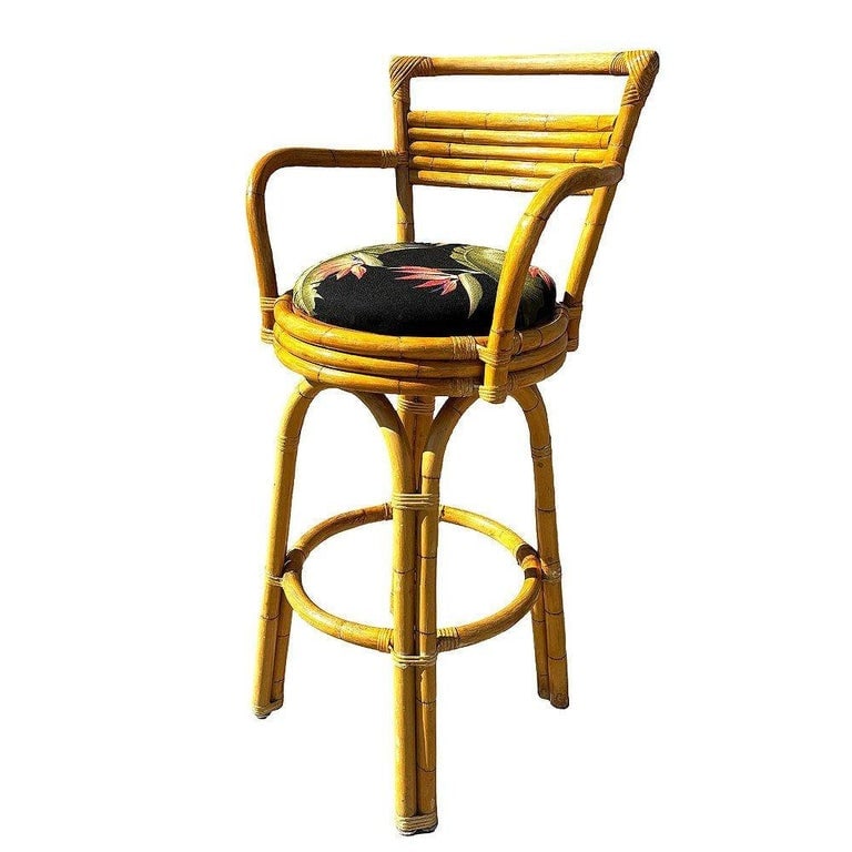 Restored 2-Strand Arch Base Rattan Bar Stools w/ Armrest, Set of 3 - 4