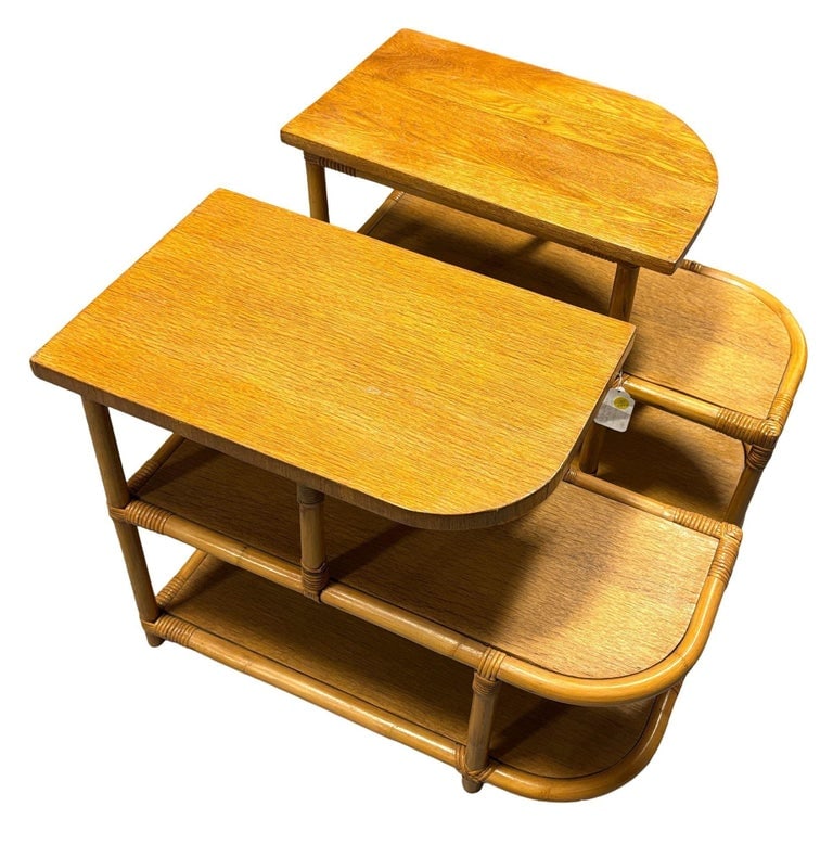 Restored Streamline Rattan & Mahogany 3-Tiered "Trio" End Table, Pair - 3