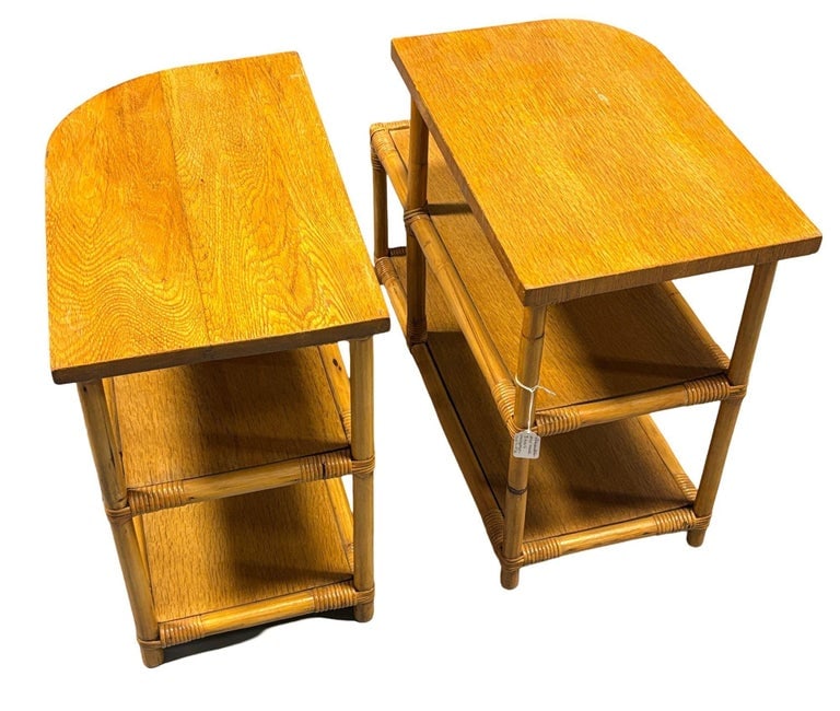Restored Streamline Rattan & Mahogany 3-Tiered "Trio" End Table, Pair - 5