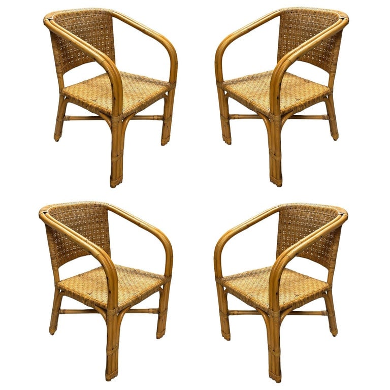 Restored Modern 2-Strand Rattan Armchair Dining Chair w/ Wicker Seat, Set of 4: This beautifully restored Paul Frankl-inspired rattan armchairs features elegant two-strand transition arms and a beautifully woven wicker seat, blending classic Hawaiian design with Mid-century moder