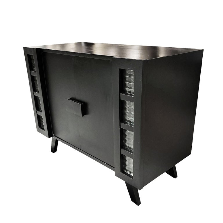 Mid Century James Mont Styled Black Lacquered & Glass Bar Cabinet & TV Stand - 10