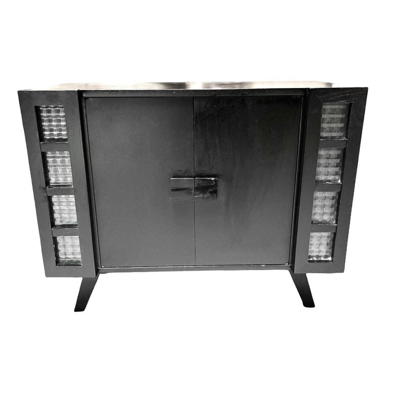 Mid Century James Mont Styled Black Lacquered & Glass Bar Cabinet & TV Stand - 2