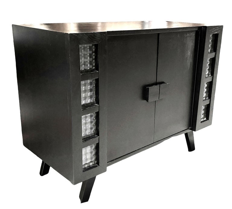 Mid Century James Mont Styled Black Lacquered & Glass Bar Cabinet & TV Stand - 9