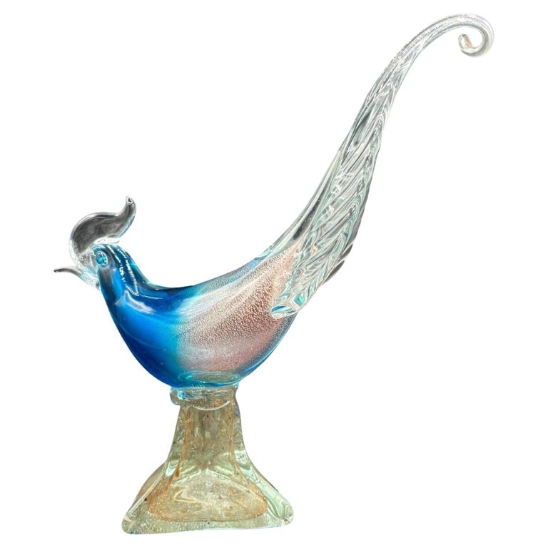Mide-century Murano Pheasant Art Glass Sculpture attributed to Barovier & Toso: Mid-century Murano Art Glass Pheasant Figurine Attributed to Barovier & Toso, this exquisite mid-century sculpture features a striking deep blue hue enhanced by controlled bubbles and shimmering gold 