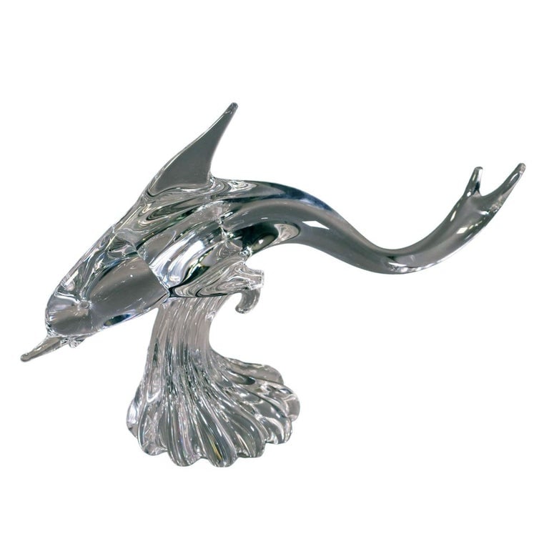 Large Hand-Blown Murano Crystal Leaded Glass Dolphin Sculpture Archimede Seguso: Large hand-blown Murano handblown art glass dolphin sculpture by Archimede Seguso featuring a stylized dolphin riding on a splashing wave. One of the fins had chipped off but has been sanded down and 