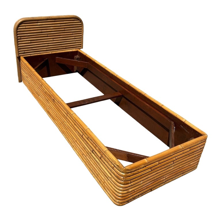 Restored Paul Frankl Style Mid-Century Stacked Rattan Bed Single Size Bed Frame: Restored Paulk Frankl-inspired stacked rattan narrow single-size bed frame featuring a stacked 10-pole base and matching stacked rattan headboard, offering a Mid-century design rooted in Streamline fo